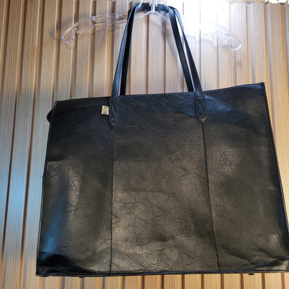 BEIS Work Tote Black Faux Leather Travel Bag with Removable Pouch